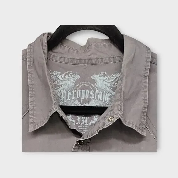 Mens Aeropostale Gray Long Sleeve Button Up Shirt Eagle Pearl Snaps Size XXL - Picture 4 of 7